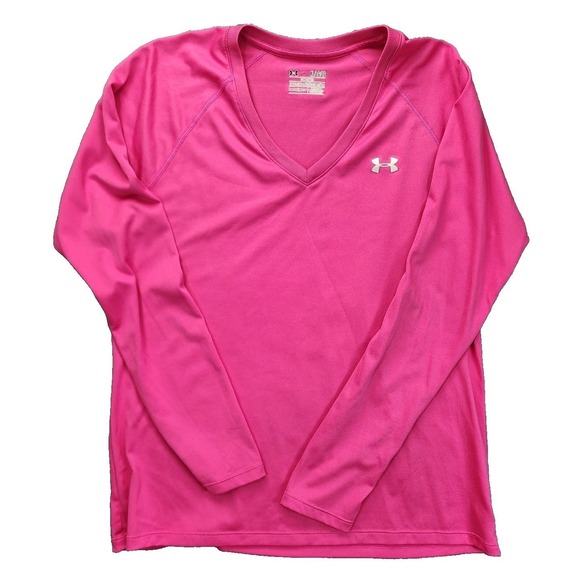 Under Armour Tops - Under Armour Womens HeatGear Long Sleeve V-Neck Shirt Pink Semi-Fitted XL